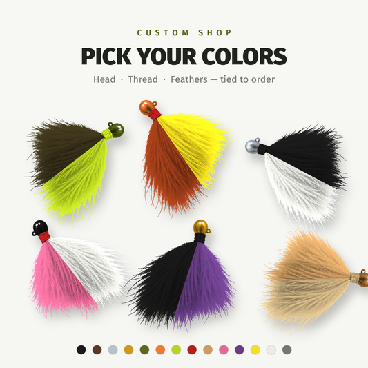 Custom Zig Jig — pick your head, thread and feather colors. Six example colorways with color palette.